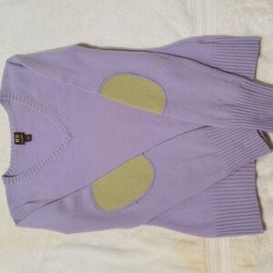 Boo Gemes 100% Cashmere Sweater,  V neck, Lavender, Green Elbow Patches, EUC Med